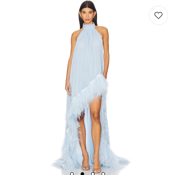 NEW BRONX AND BANCO Madeline Halterneck Gown in Powder Blue Feathered Gown - Picture 1 of 17